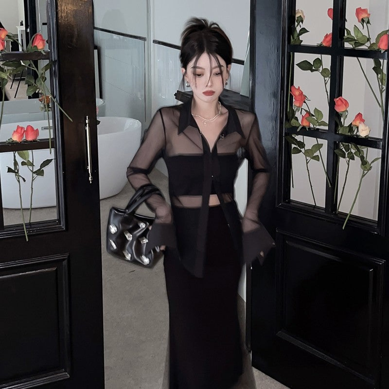 Black Long Sleeve Collared Sheer Shirt