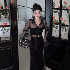 Black Long Sleeve Collared Sheer Shirt