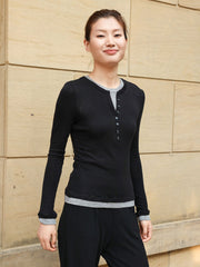 Black Long Sleeve Henley Top