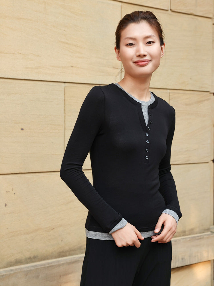 Black Long Sleeve Henley Top