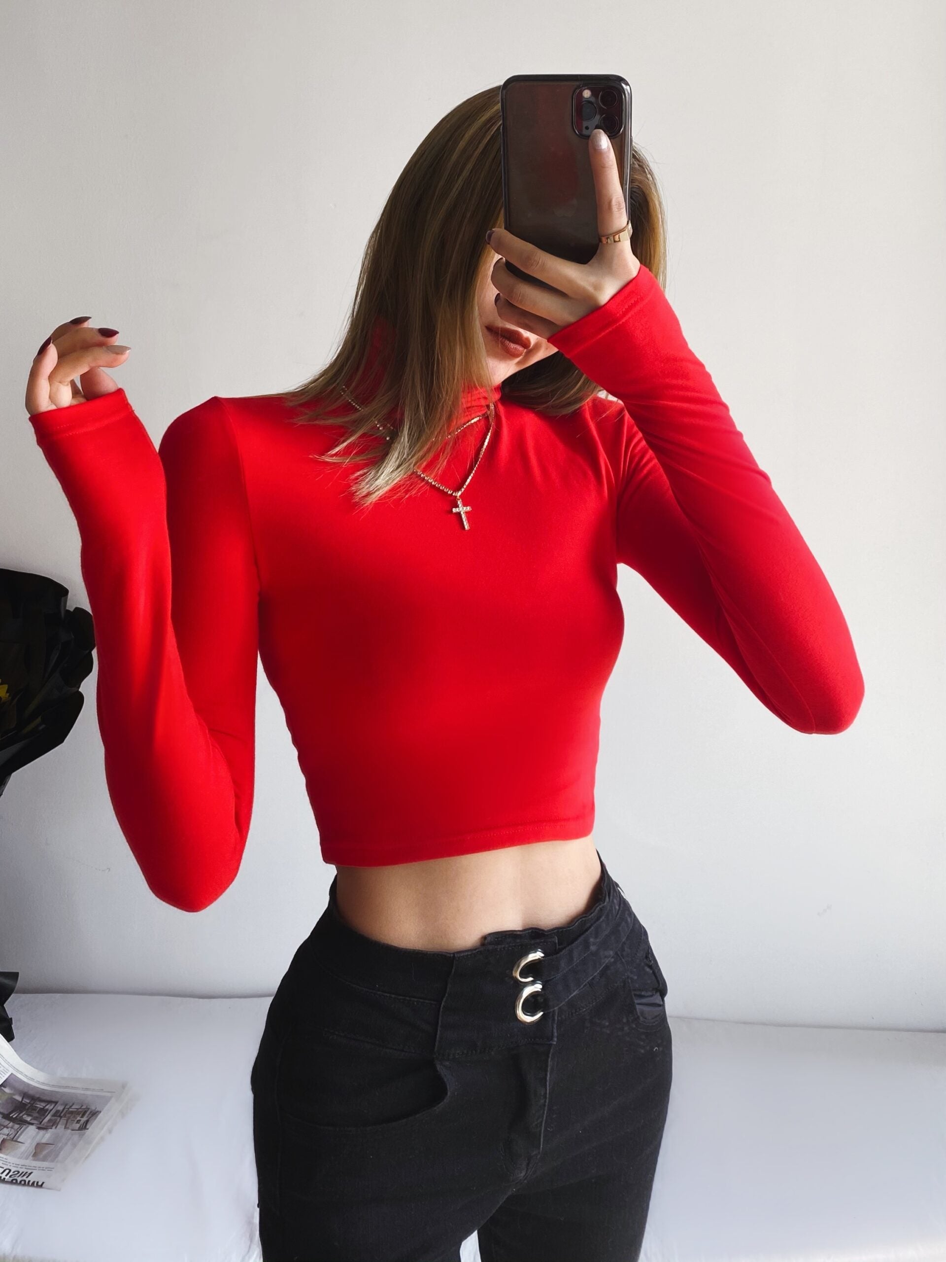 Black Long Sleeve High Neck Crop Top