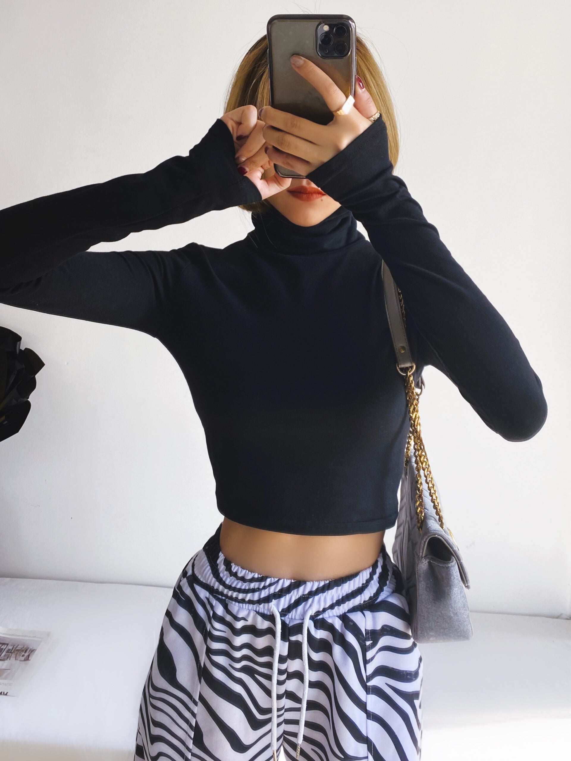 Black Long Sleeve High Neck Crop Top