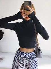Black Long Sleeve High Neck Crop Top