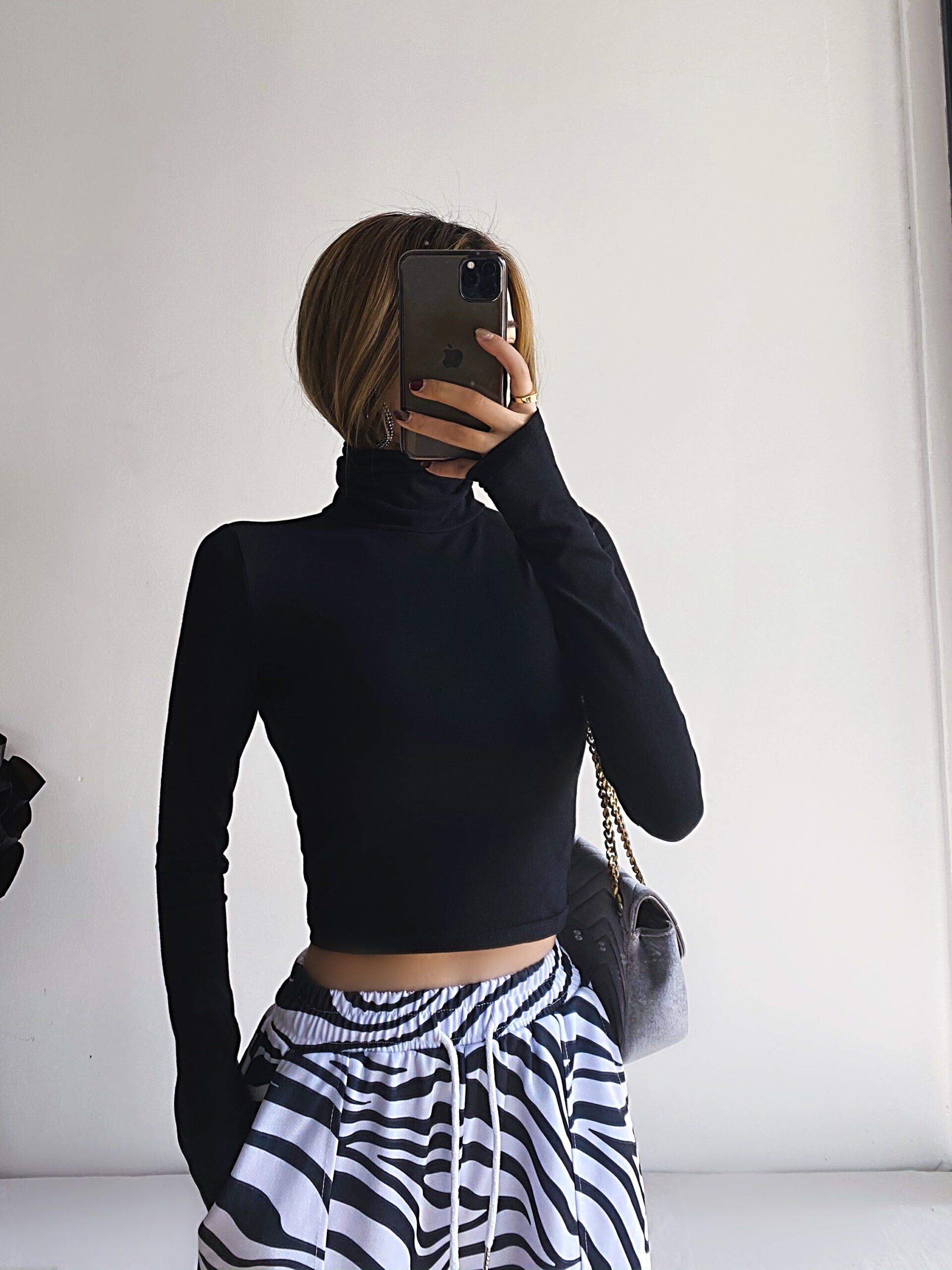Black Long Sleeve High Neck Crop Top