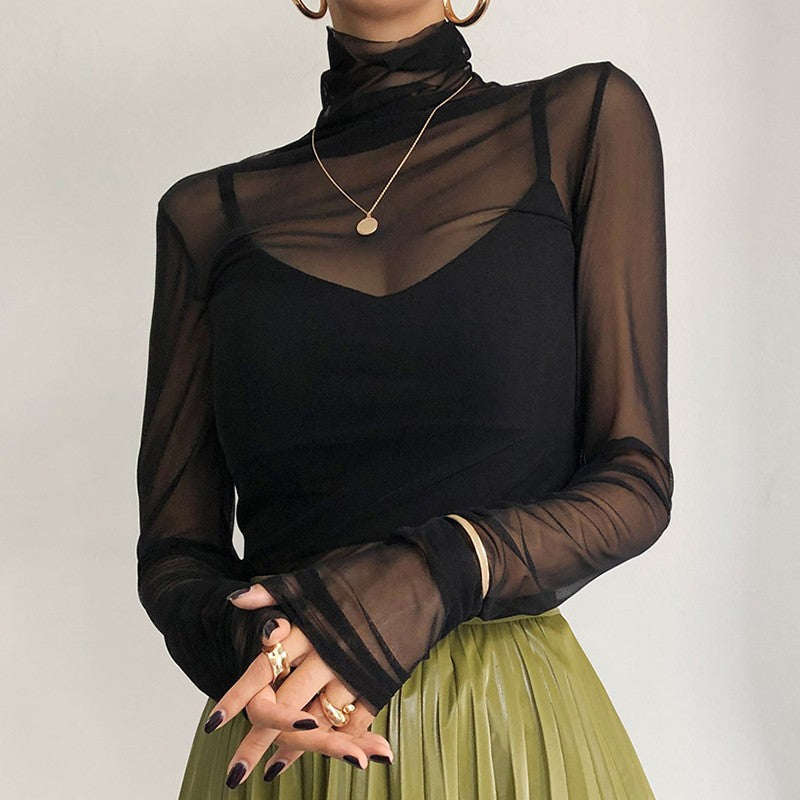 Black Long Sleeve Sheer Top