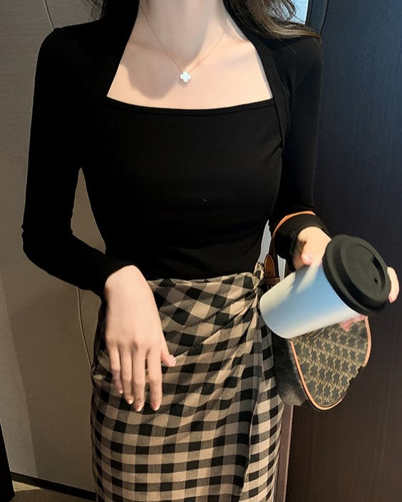 Black Long Sleeves Square Collar Top