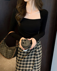 Black Long Sleeves Square Collar Top