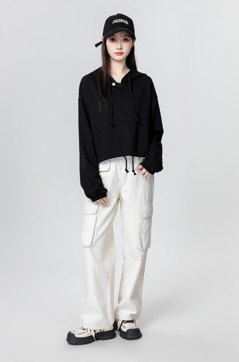 Black Loose Drawstring Hoodie Top