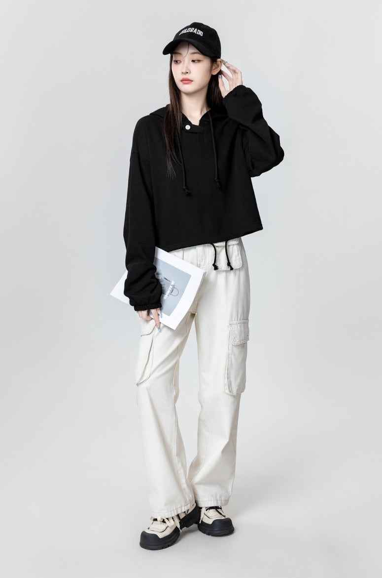 Black Loose Drawstring Hoodie Top