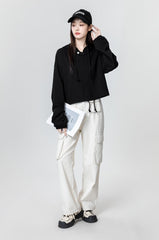 Black Loose Drawstring Hoodie Top