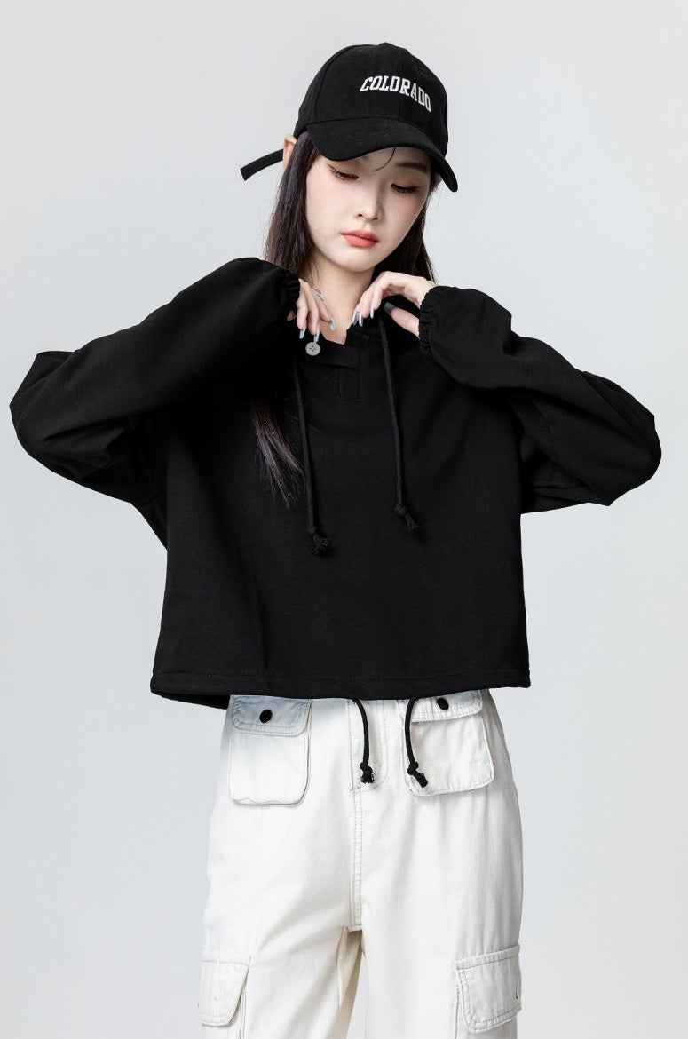 Black Loose Drawstring Hoodie Top