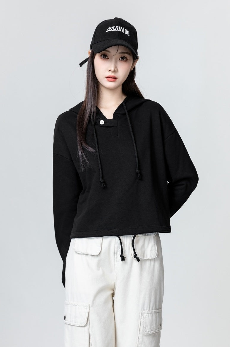 Black Loose Drawstring Hoodie Top