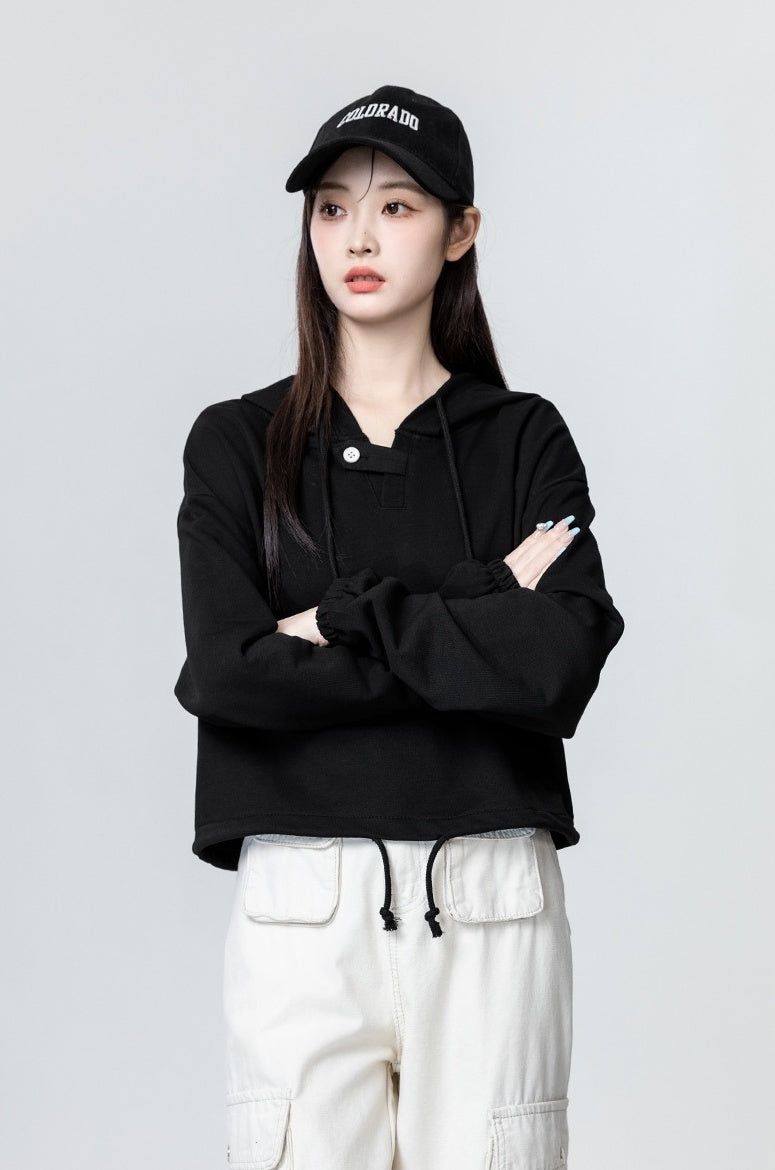 Black Loose Drawstring Hoodie Top
