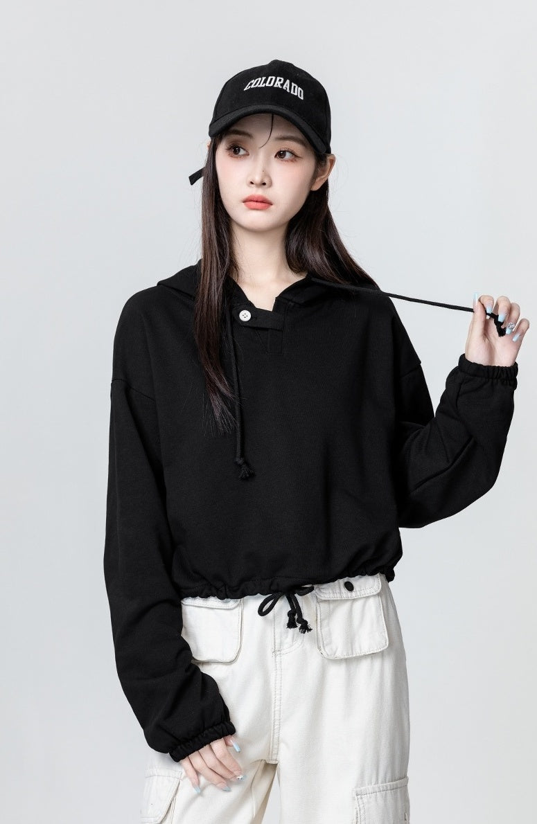 Black Loose Drawstring Hoodie Top