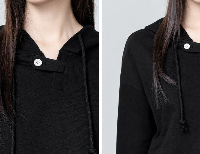 Black Loose Drawstring Hoodie Top