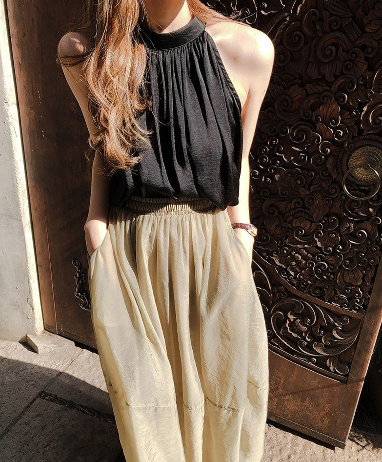 Black Loose Halter Silk Top