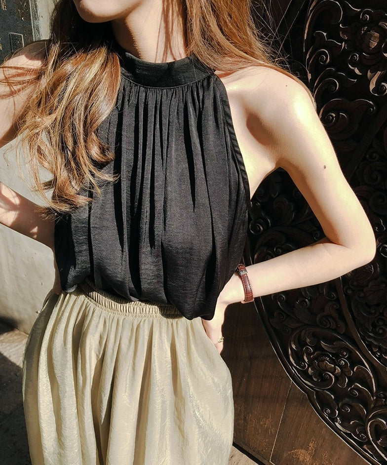Black Loose Halter Silk Top