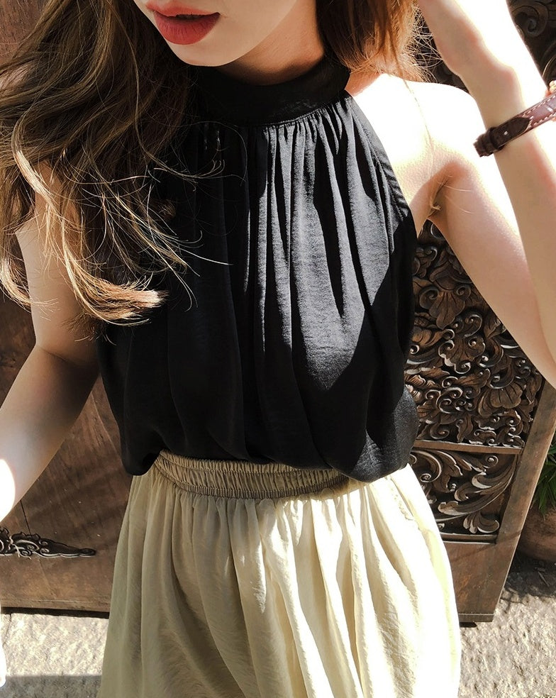 Black Loose Halter Silk Top