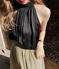 Black Loose Halter Silk Top