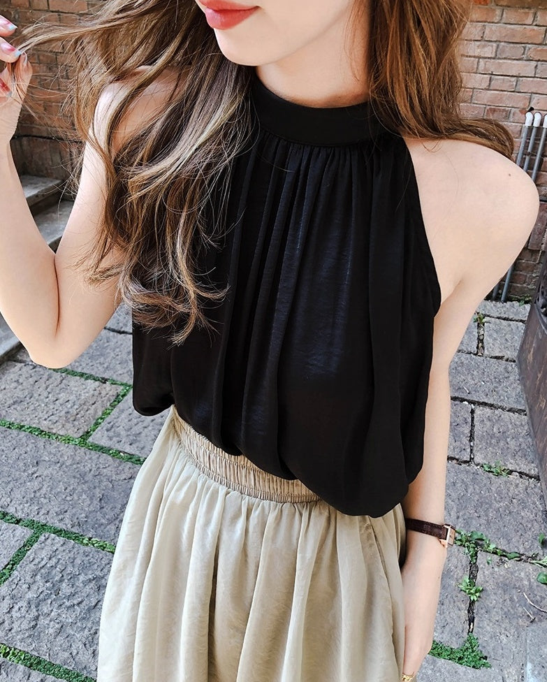 Black Loose Halter Silk Top