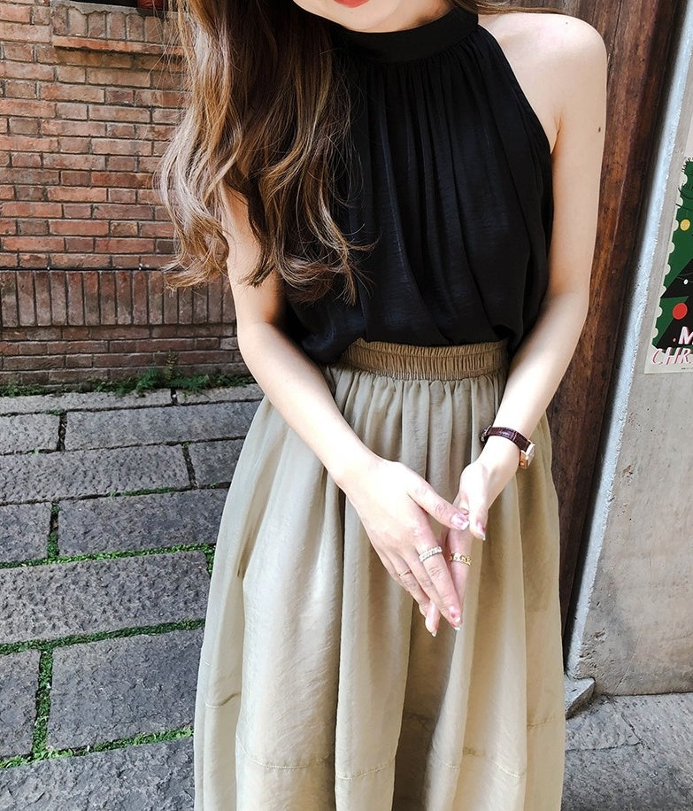 Black Loose Halter Silk Top