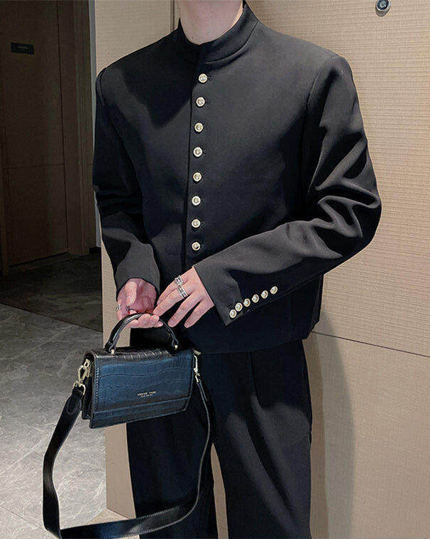 Black Mandarin Collar Blazer Jacket