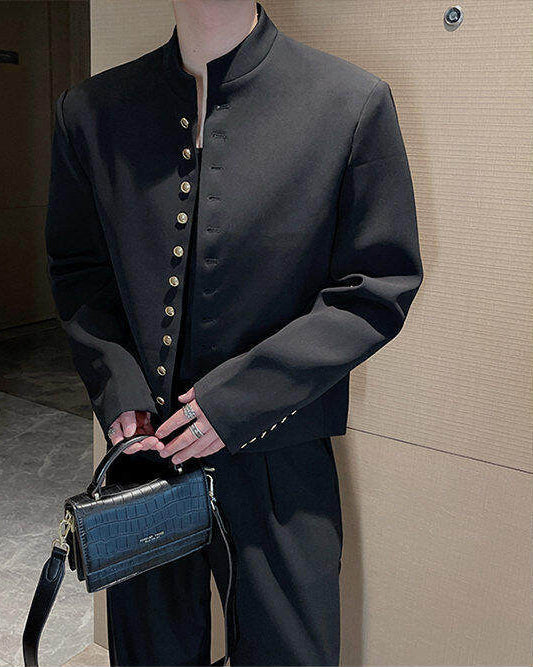 Black Mandarin Collar Blazer Jacket