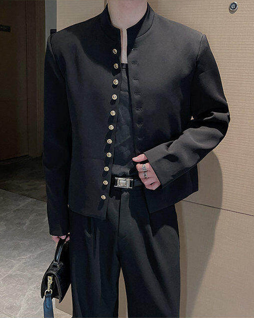 Black Mandarin Collar Blazer Jacket