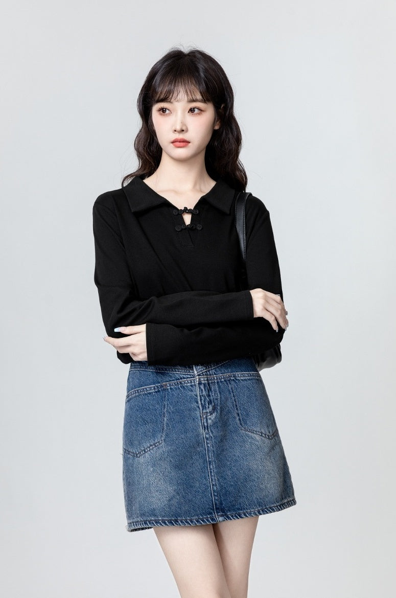 Black Mandarin Collar Long Sleeve Polo Shirt