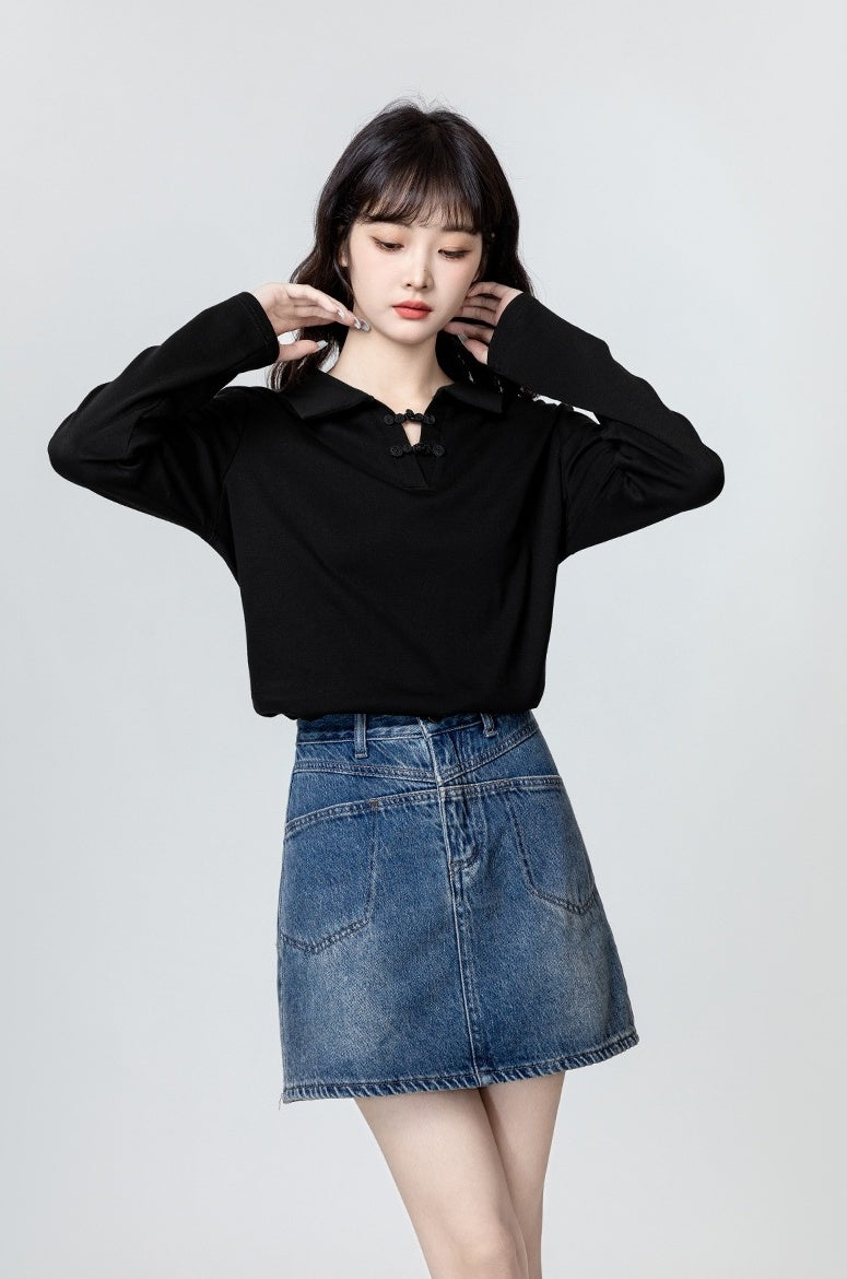 Black Mandarin Collar Long Sleeve Polo Shirt