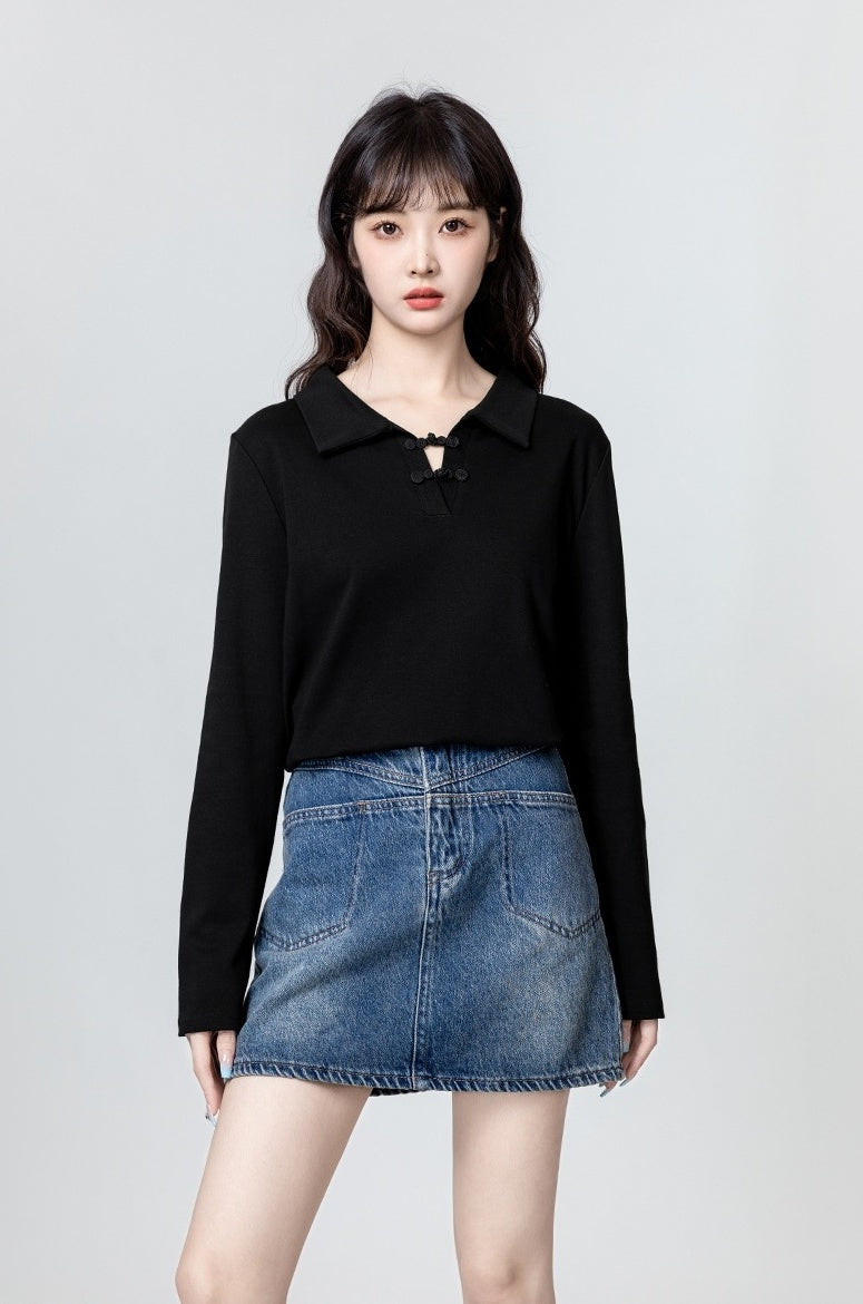 Black Mandarin Collar Long Sleeve Polo Shirt