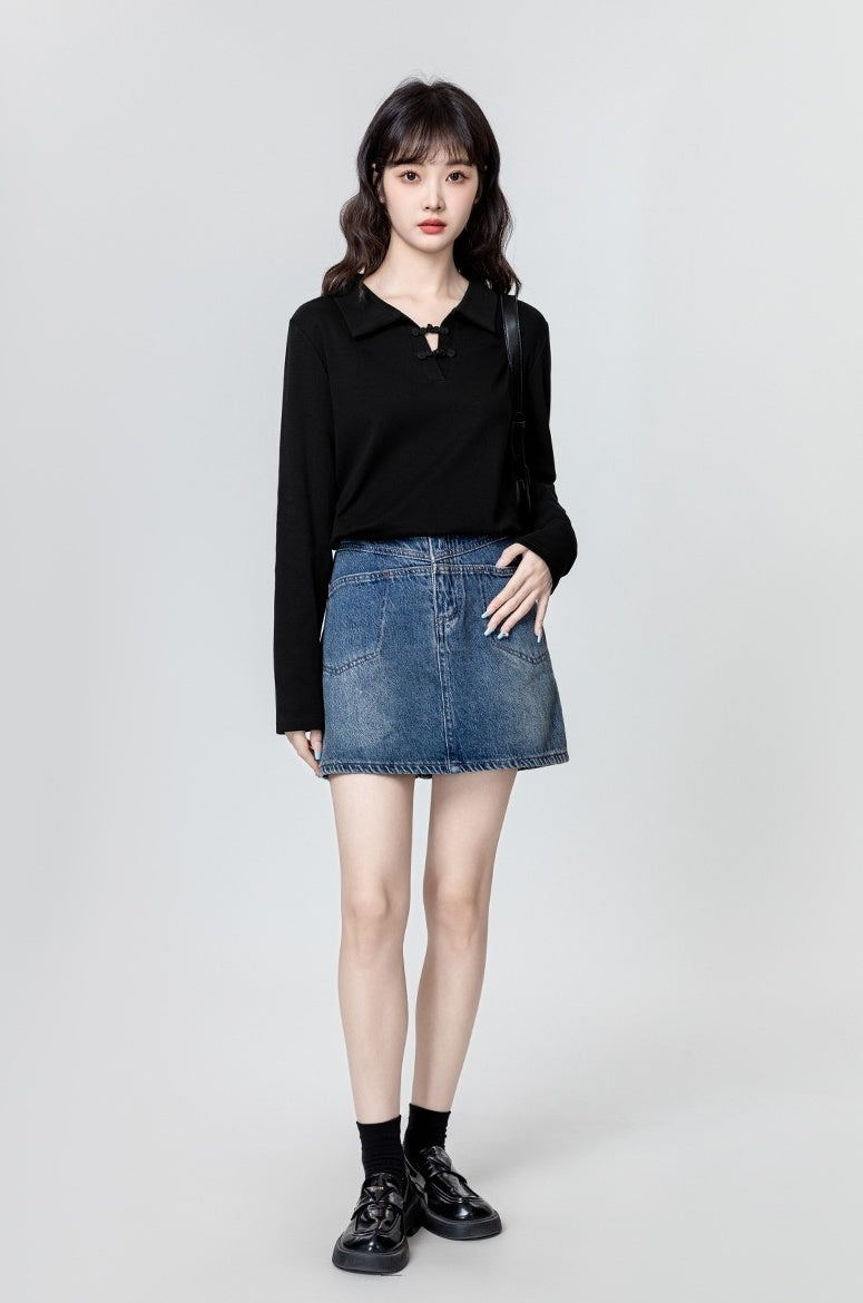 Black Mandarin Collar Long Sleeve Polo Shirt