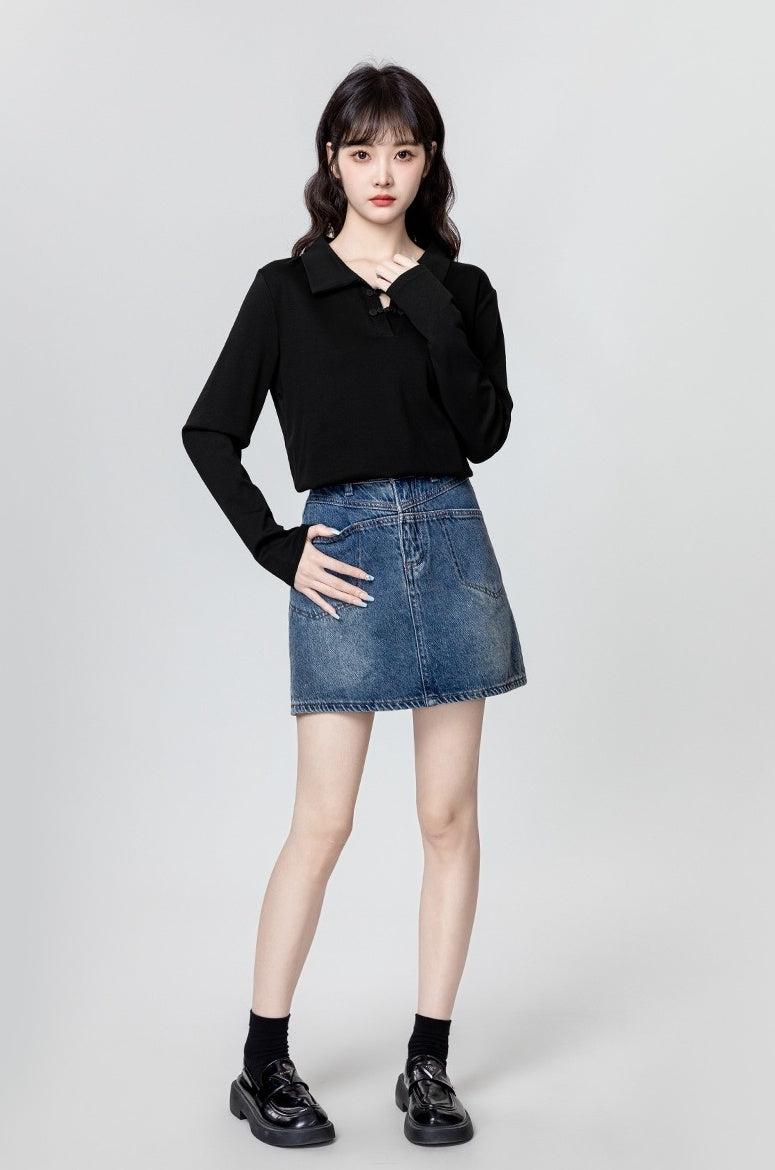 Black Mandarin Collar Long Sleeve Polo Shirt
