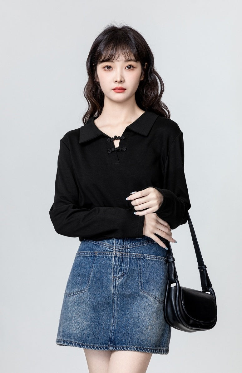 Black Mandarin Collar Long Sleeve Polo Shirt