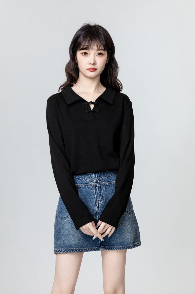 Black Mandarin Collar Long Sleeve Polo Shirt