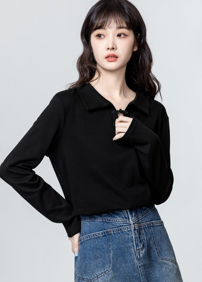 Black Mandarin Collar Long Sleeve Polo Shirt