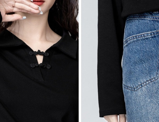 Black Mandarin Collar Long Sleeve Polo Shirt