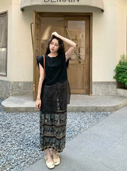 Black Mesh Patchwork T Shirt Skirt Set