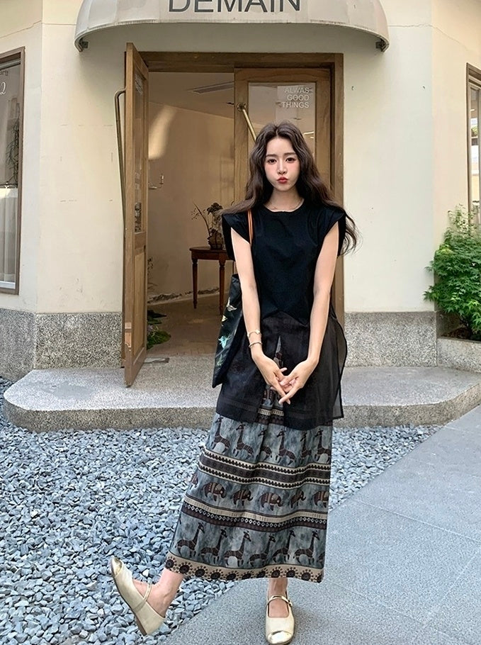 Black Mesh Patchwork T Shirt Skirt Set