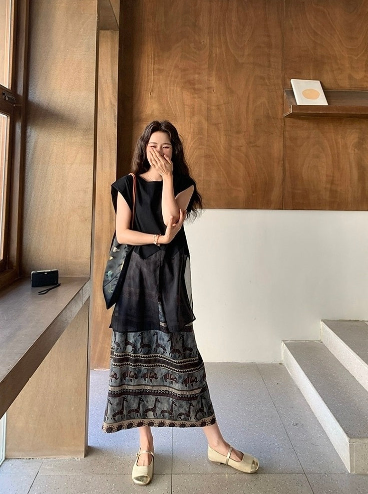 Black Mesh Patchwork T Shirt Skirt Set