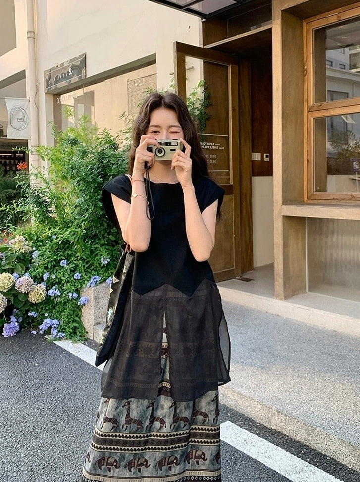 Black Mesh Patchwork T Shirt Skirt Set
