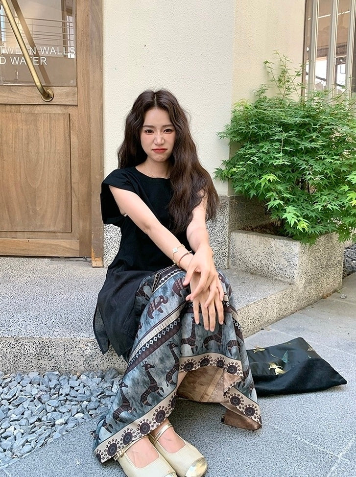 Black Mesh Patchwork T Shirt Skirt Set