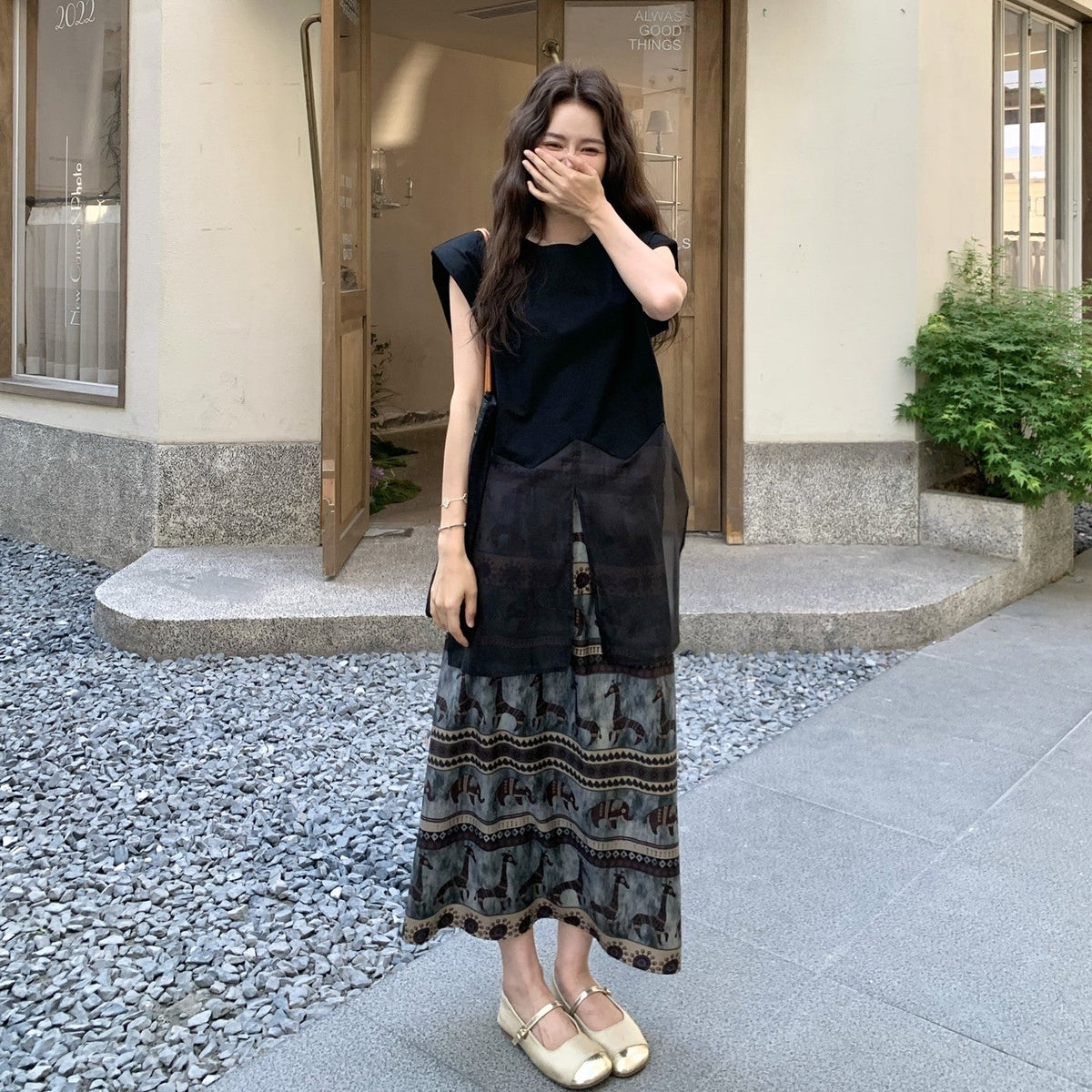 Black Mesh Patchwork T Shirt Skirt Set