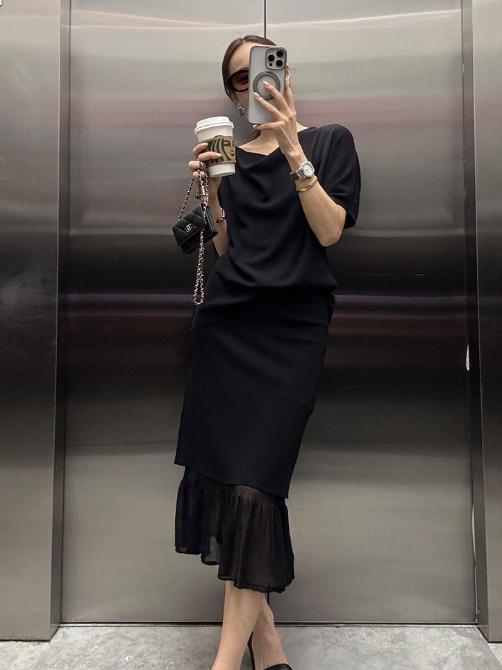 Black Mesh Ruffles Pencil Skirt
