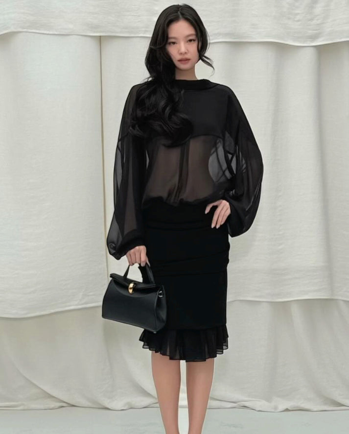 Black Mesh Ruffles Pencil Skirt