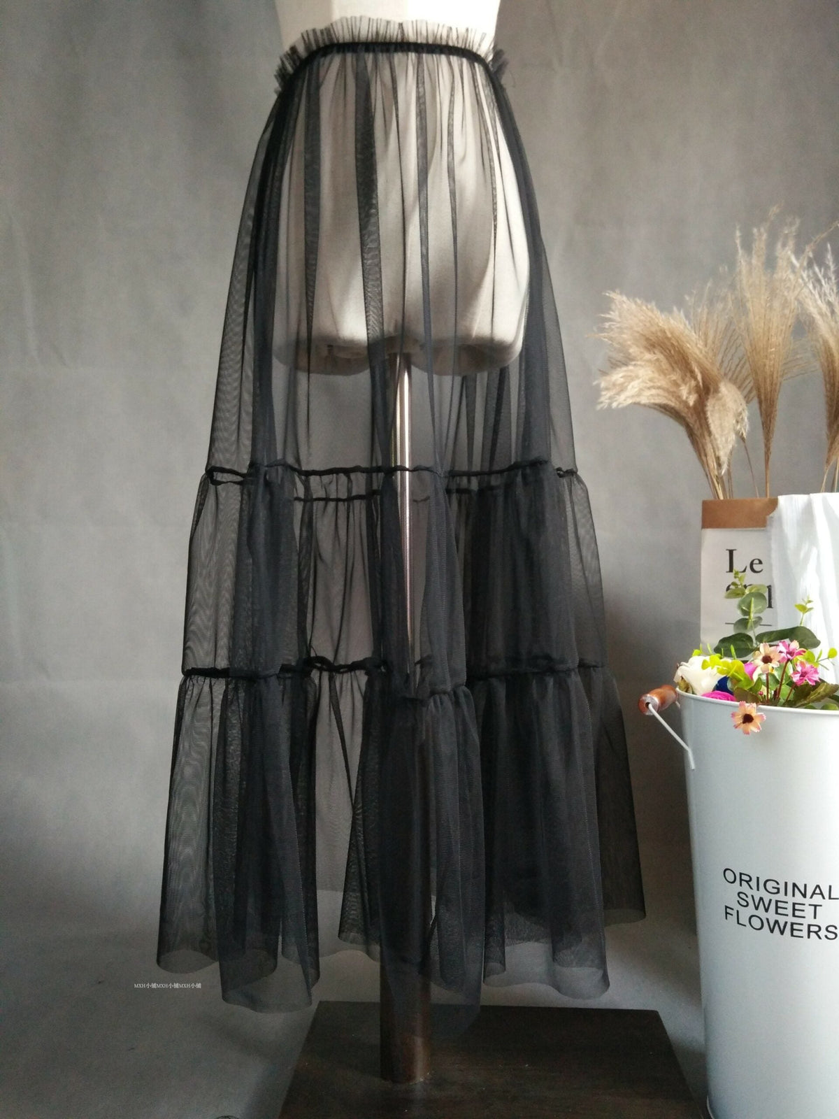 Black Mesh Tiered Skirt
