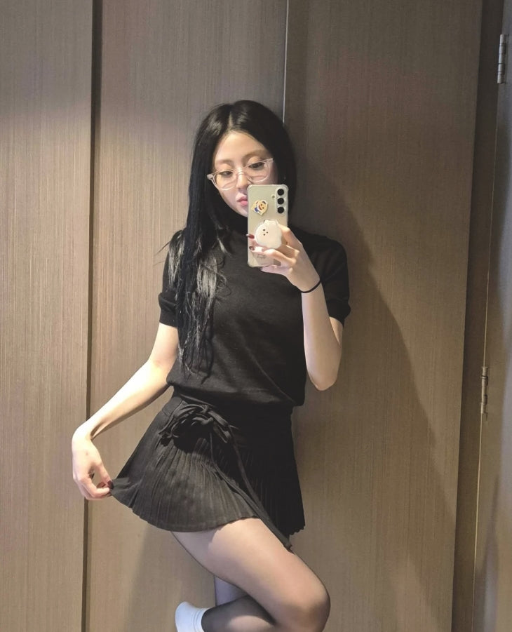 Black Micro Pleats Double Bow Skirt