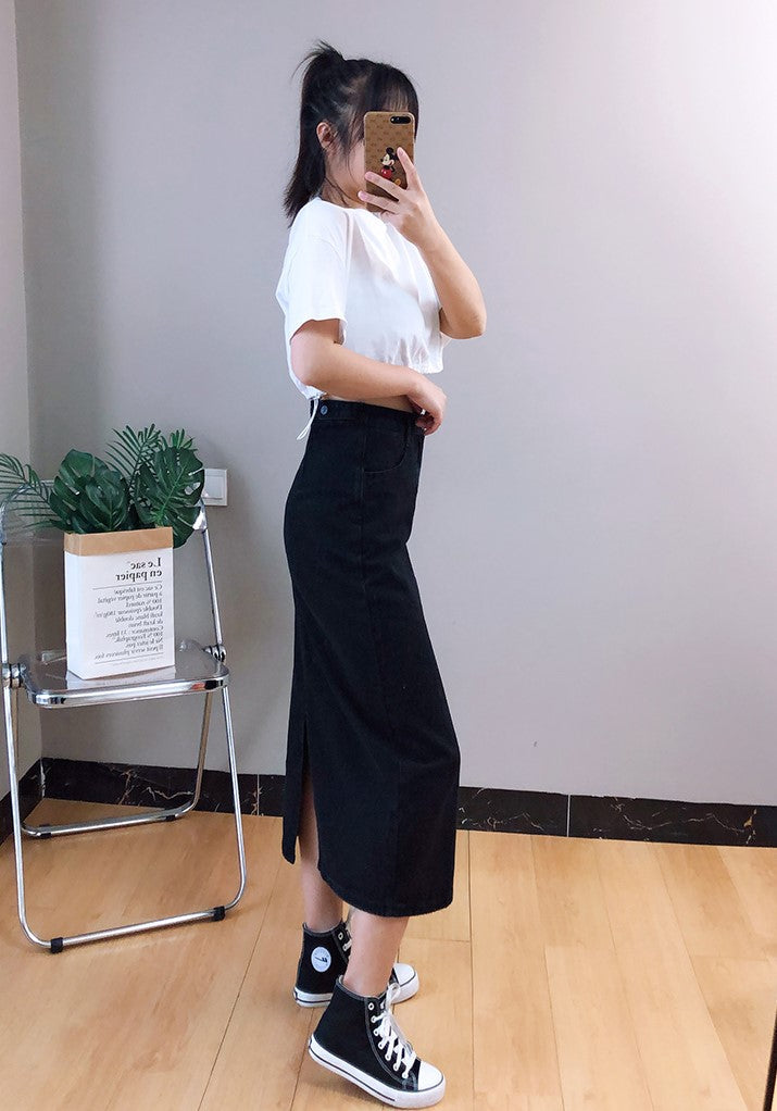 Black Midi Denim Skirt