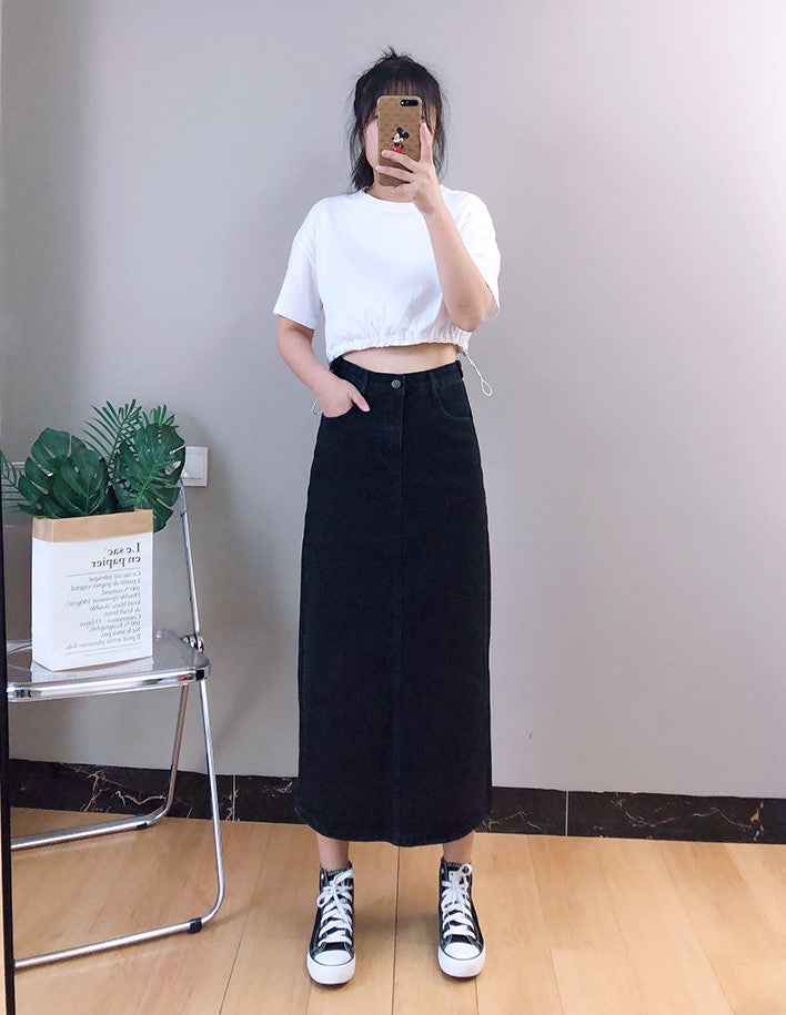 Black Midi Denim Skirt
