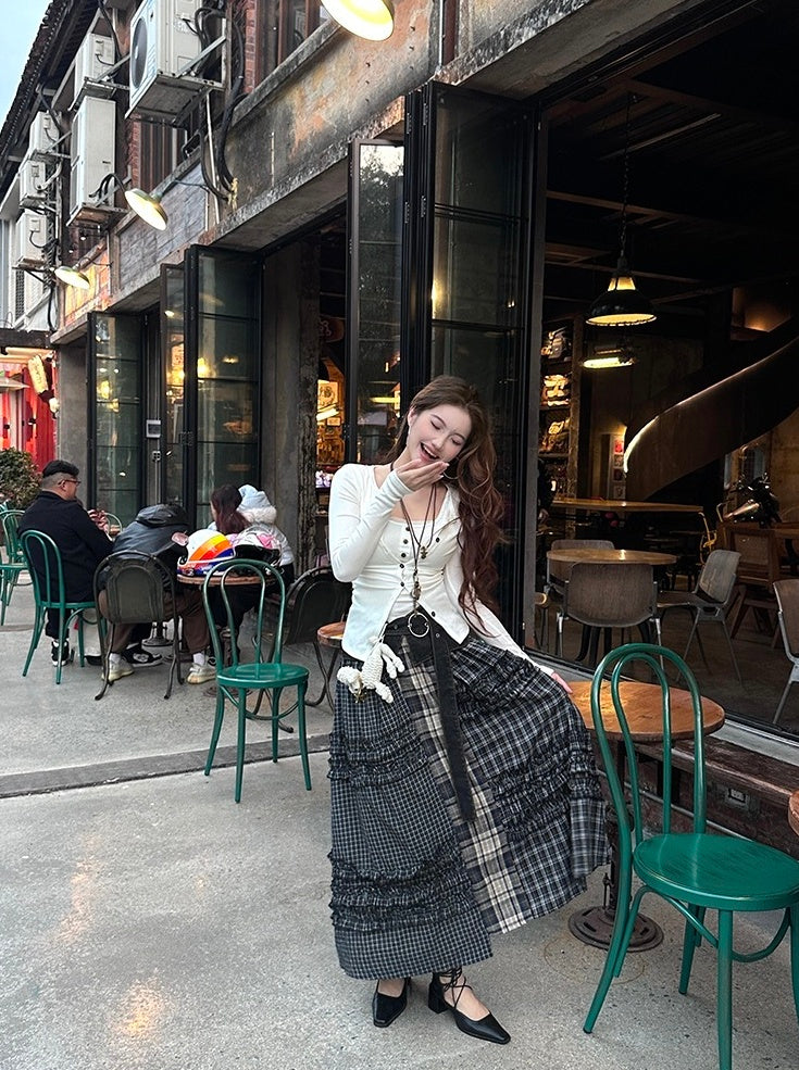 Black Mixed Plaid Patchwork Skirt